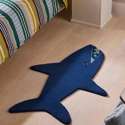 Blue Shark 100% Wool Hand Tufted Rug, Indoor Rugs for Kids Room, Non-slip Carpet for Child Room Decor, Playmat Area Rug