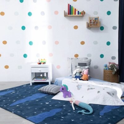 Hand Tufted Twinkling Stars Soft Wool Rug, Blue Sky Area Rug for Kids Room, Anti-slip Carpet for Children’s Playing Room