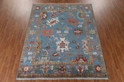 Hand Woven Blue Oushak Wool Rug, Handmade Modern Oushak Carpet for Living Room, Vintage Turkish Area Rug, 9×12 Rug