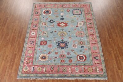 Hand Woven Pink & Blue Oushak Wool Rug, Handmade Turkish Oushak Carpet for Living Room, Modern Area Rug, 9×12 Rug