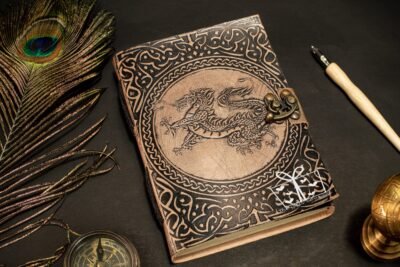 Dragon Embossed Leather Journal, Celtic Grimoire Handmade Refillable Leather Notebook, Antique Medieval Gift For Unisex With Brass C Lock