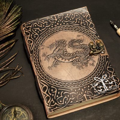 Dragon Embossed Leather Journal, Celtic Grimoire Handmade Refillable Leather Notebook, Antique Medieval Gift For Unisex With Brass C Lock