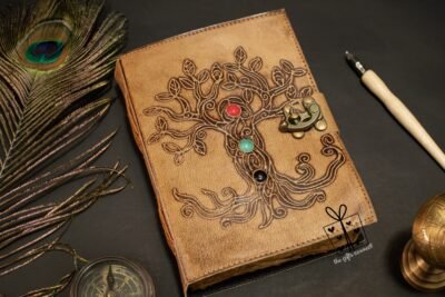 Celtic Grimoire Tree Of Life Leather Journal, Stone Handmade Refillable Leather Notebook, Thanksgiving Gift Blank Leather Sketchbook