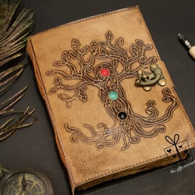 Celtic Grimoire Tree Of Life Leather Journal, Stone Handmade Refillable Leather Notebook, Thanksgiving Gift Blank Leather Sketchbook