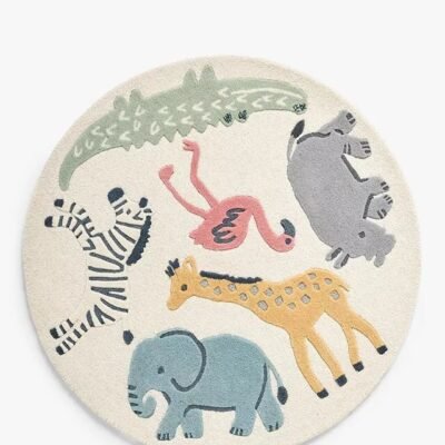 Hand Tufted 100% Wool Safari World Rug, Round Animals Rug for kids Room Decor, Antislip Modern Area Rug, Kids Playmats