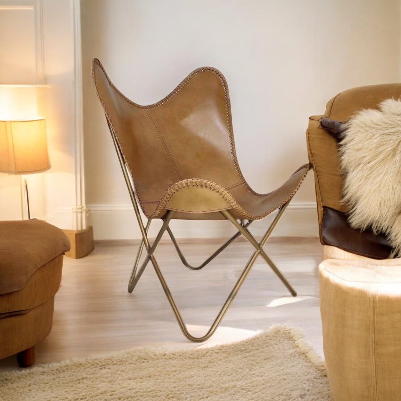 Light Brown Soft Leather Butterfly Chair - Image 4
