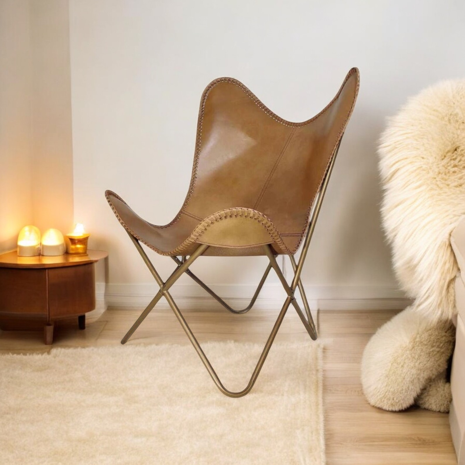 Light Brown Soft Leather Butterfly Chair - Image 3