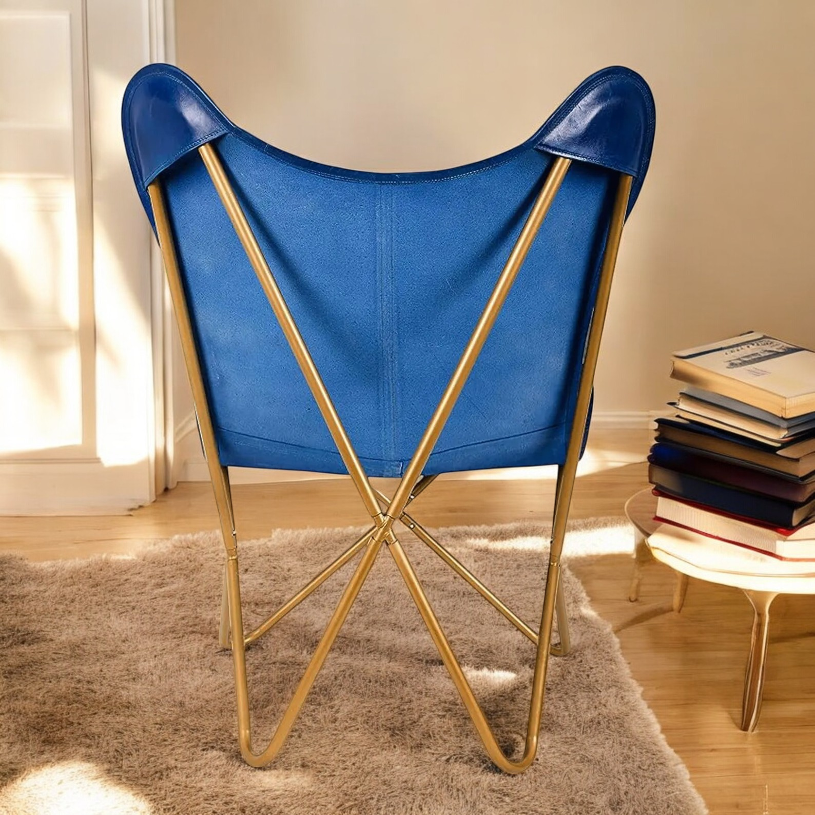 Handmade Blue Leather Butterfly Chair - Image 3