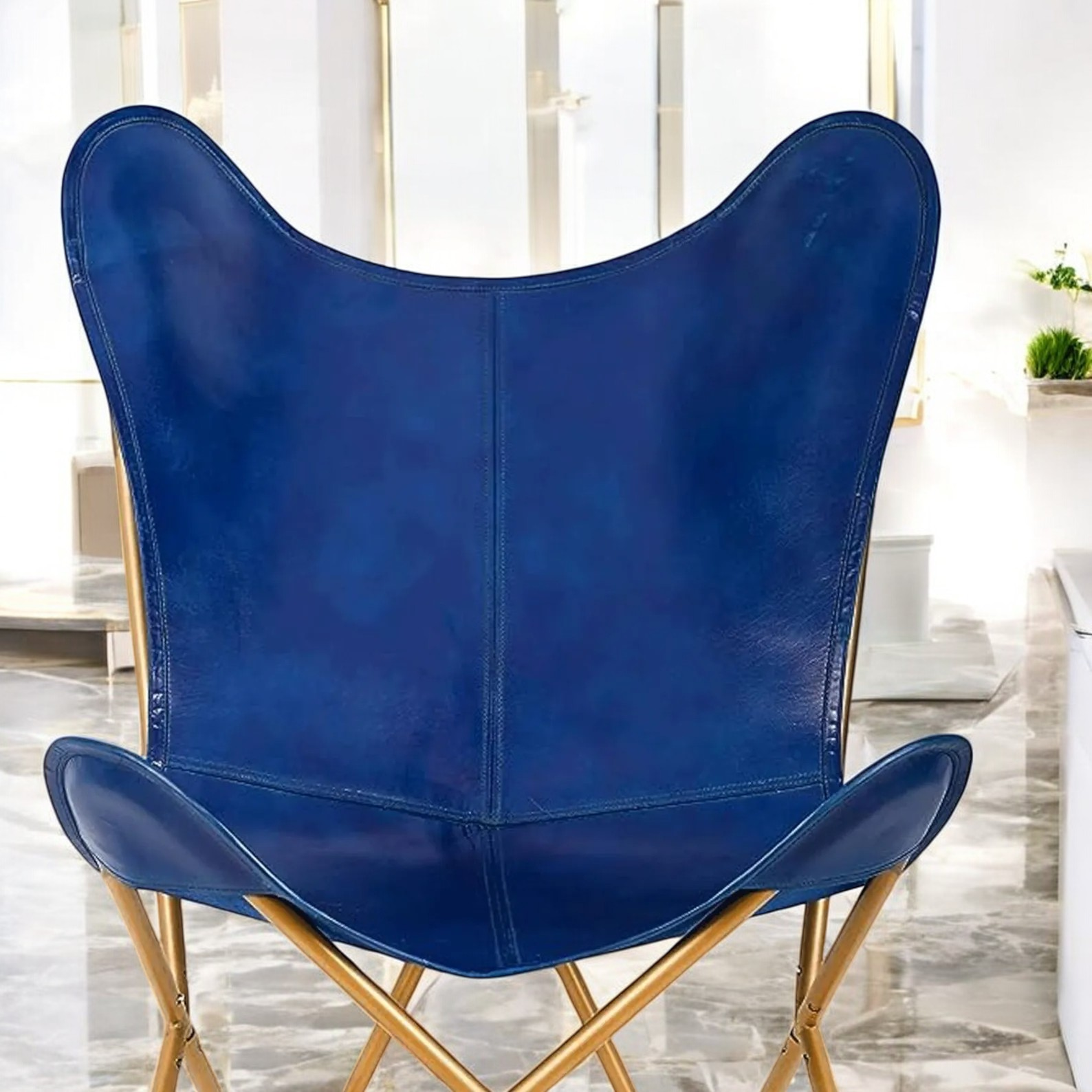 Handmade Blue Leather Butterfly Chair - Image 2