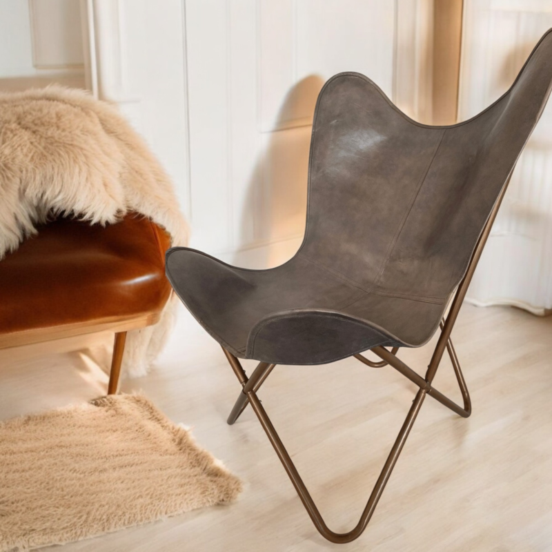 Handmade Leather Butterfly Chair, Dark Brown Recliner - Image 3