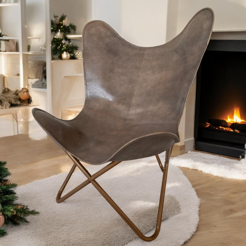 Handmade Leather Butterfly Chair, Dark Brown Recliner - Image 2