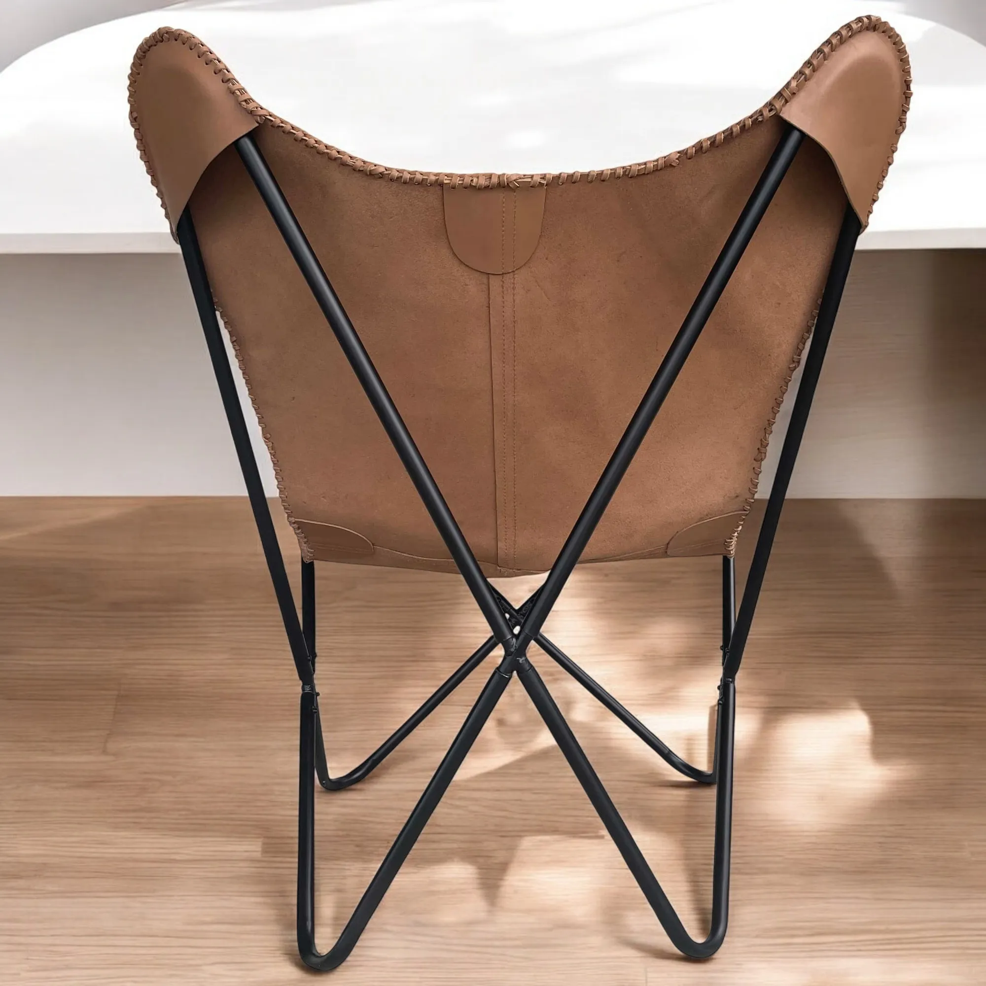 Soft Tan Leather Butterfly Chair Handmade Recliner for Living Room - Image 8