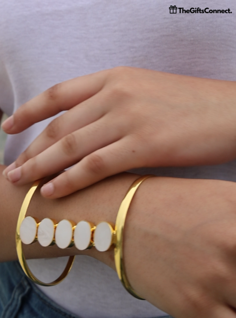Golden Brass Bracelet with Mother of Pearl Discs | Elegant Open Cuff - Image 8