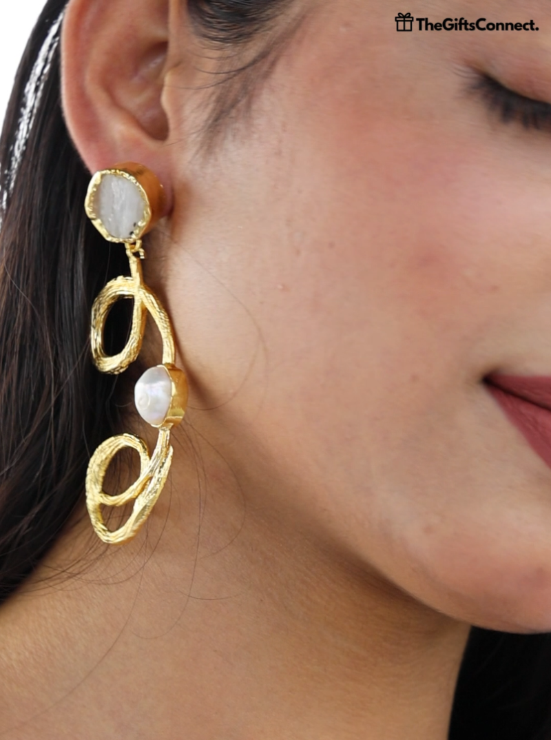 Handmade Golden Spiral Drops – With Moonstone & Pearls - Image 2