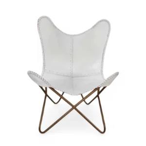 Minimalist White Butterfly Chair  Handmade Leather Lounge Seat
