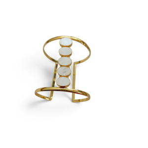 Golden Brass Bracelet with Mother of Pearl Discs | Elegant Open Cuff