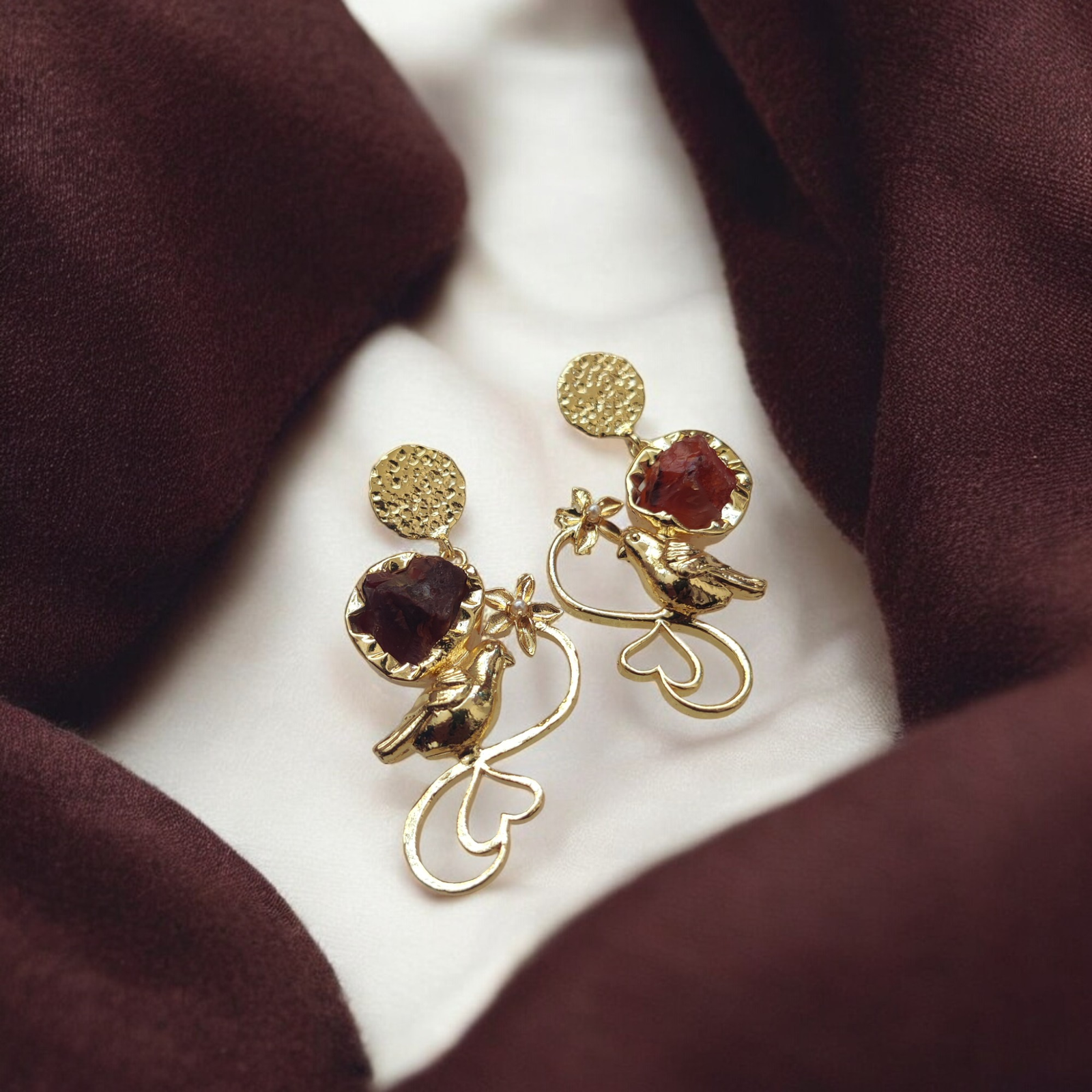 Birds in Bloom – Handmade Brass & Carnelian Earrings