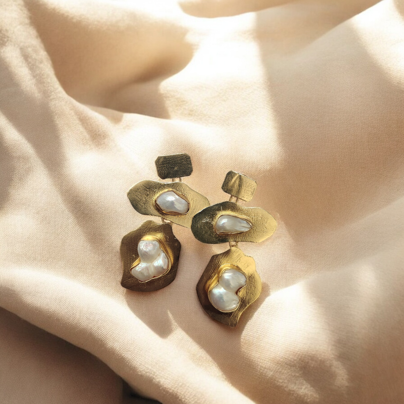 Golden Bloom – Handmade Baroque Pearl Brass Earrings