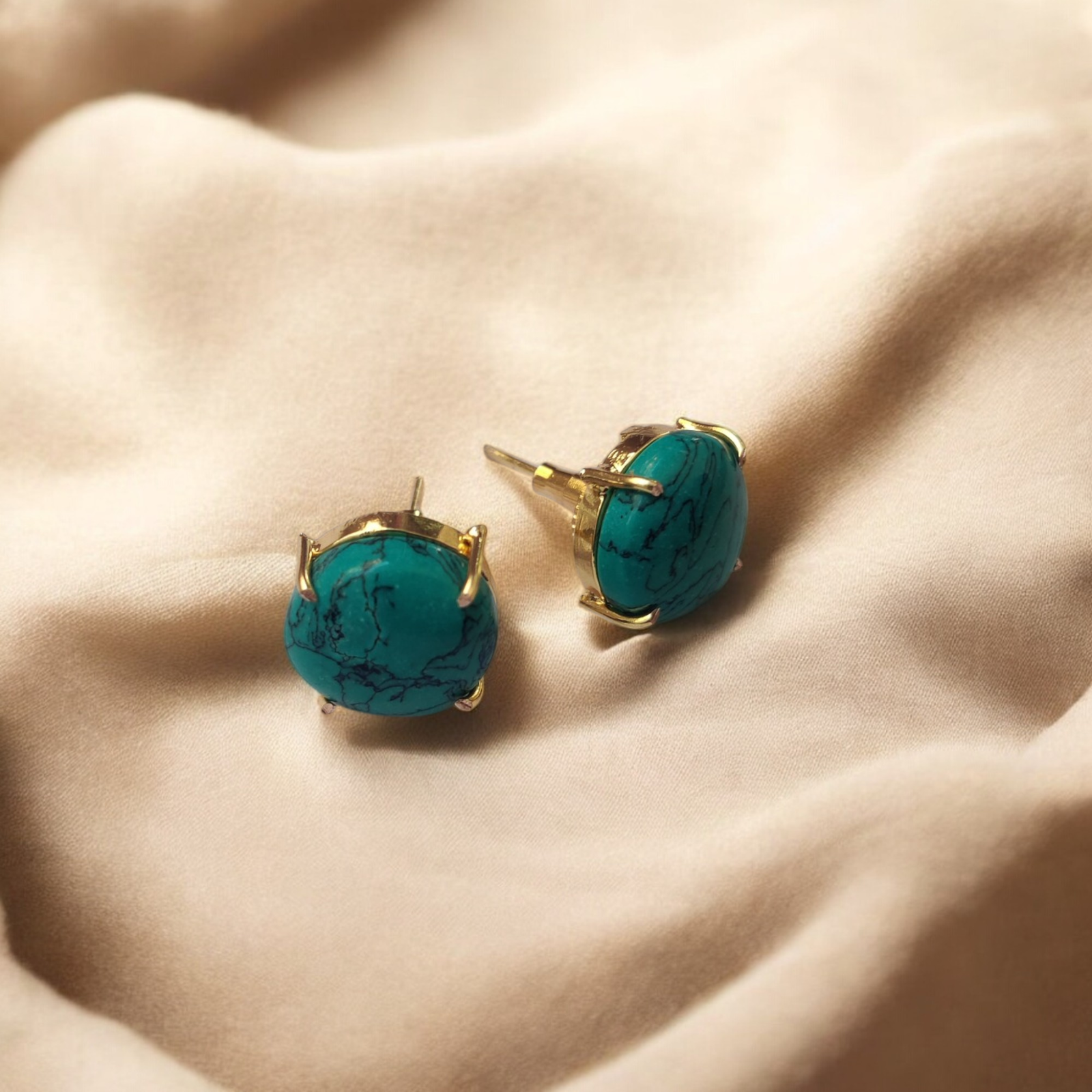 Gem Dot Studs – Green Turquoise & Brass Rounds