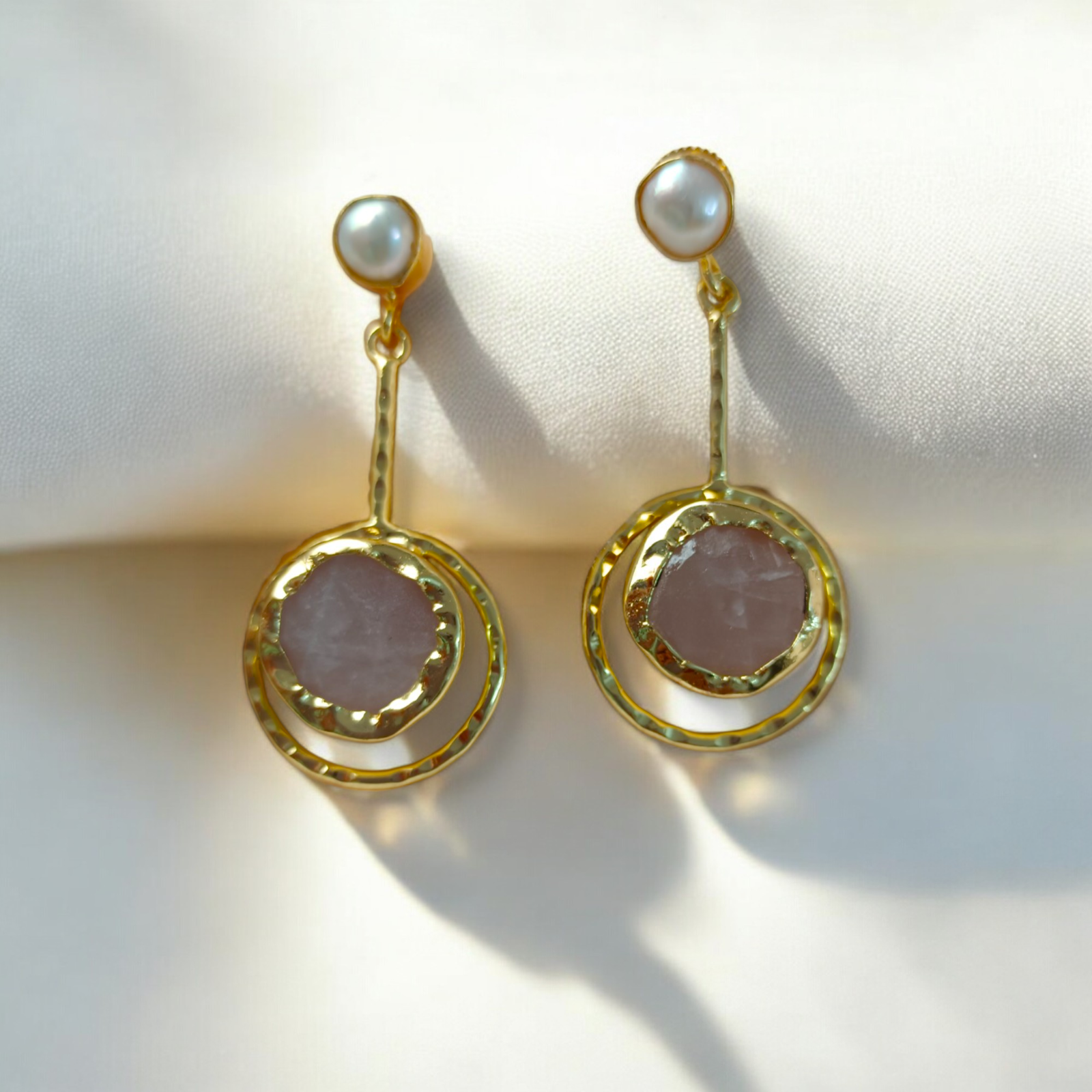 Blushing Beauty Earrings – Rose Quartz & Pearl Brass Drops