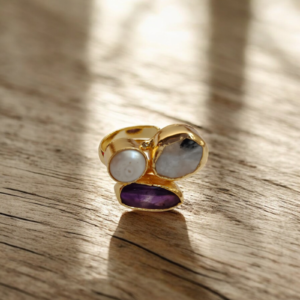 Celestial Bloom: Amethyst, Pearl & Gemstone Brass Ring
