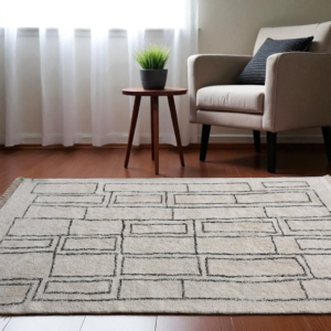 Hand Knotted Geometric Cotton Rug | Irregular Motifs Area Carpet | Soft Neutral Toned Living Room Rug
