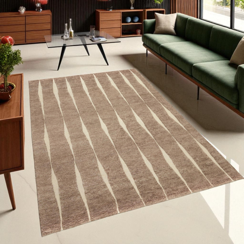 8x10 Hand Knotted Abstract Vertical Striped Modern Wool Rug, Contemporary Living Room Décor, Soft Beige and Brown Area Rug - Image 4