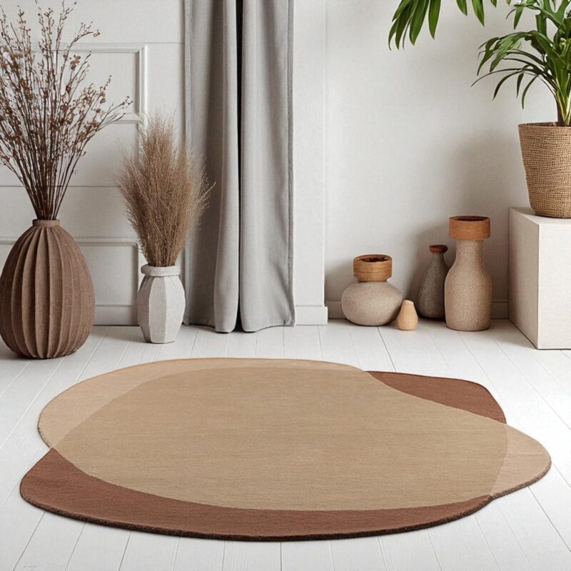 Modern Irregular Shape Green & Beige Wool Rug, Abstract Hand Tufted Area Carpet - Image 5