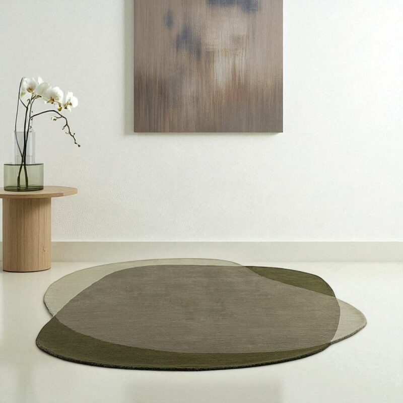Modern Irregular Shape Green & Beige Wool Rug, Abstract Hand Tufted Area Carpet - Image 2