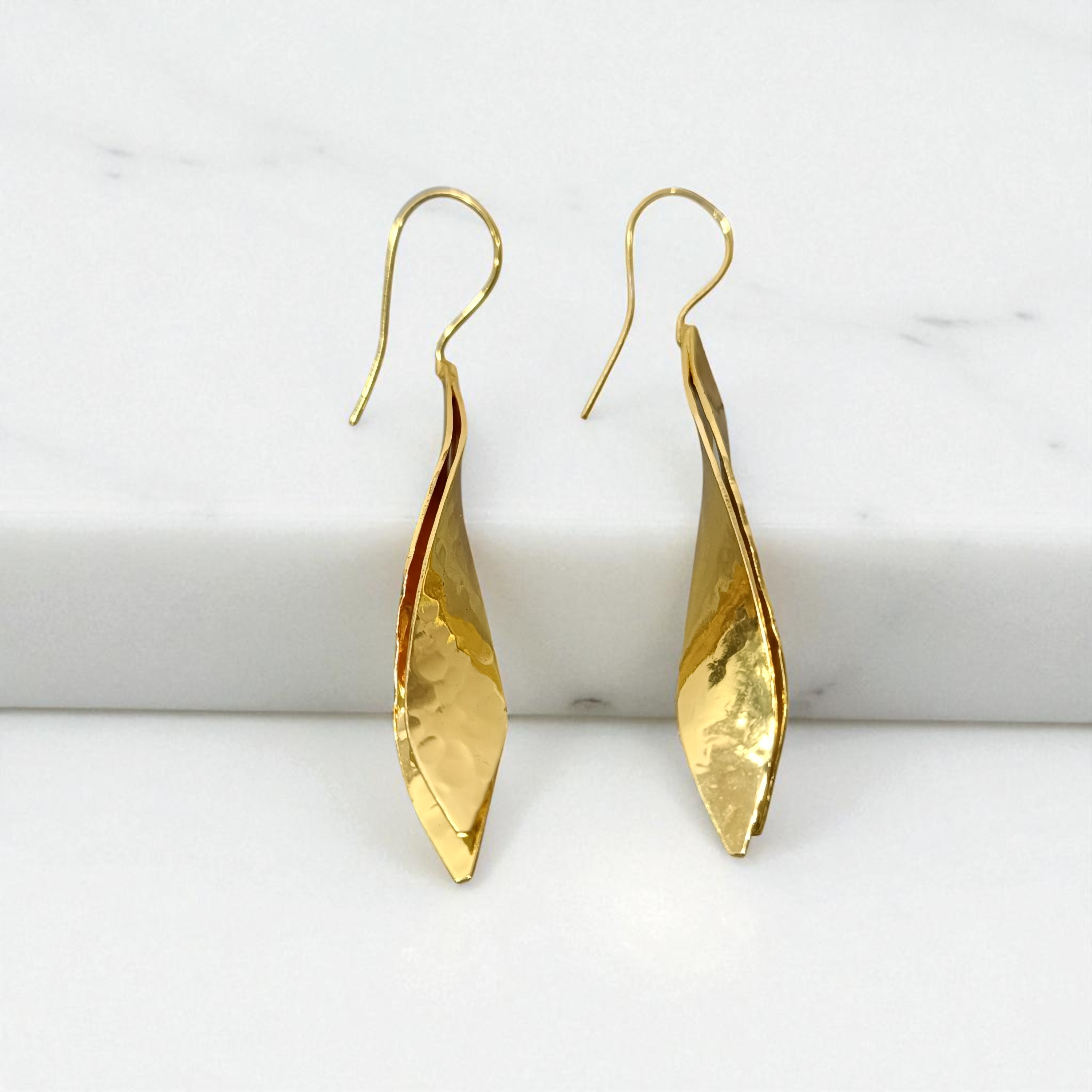 Luminous Curve Golden Hammered Brass Drop Earrings - Image 5