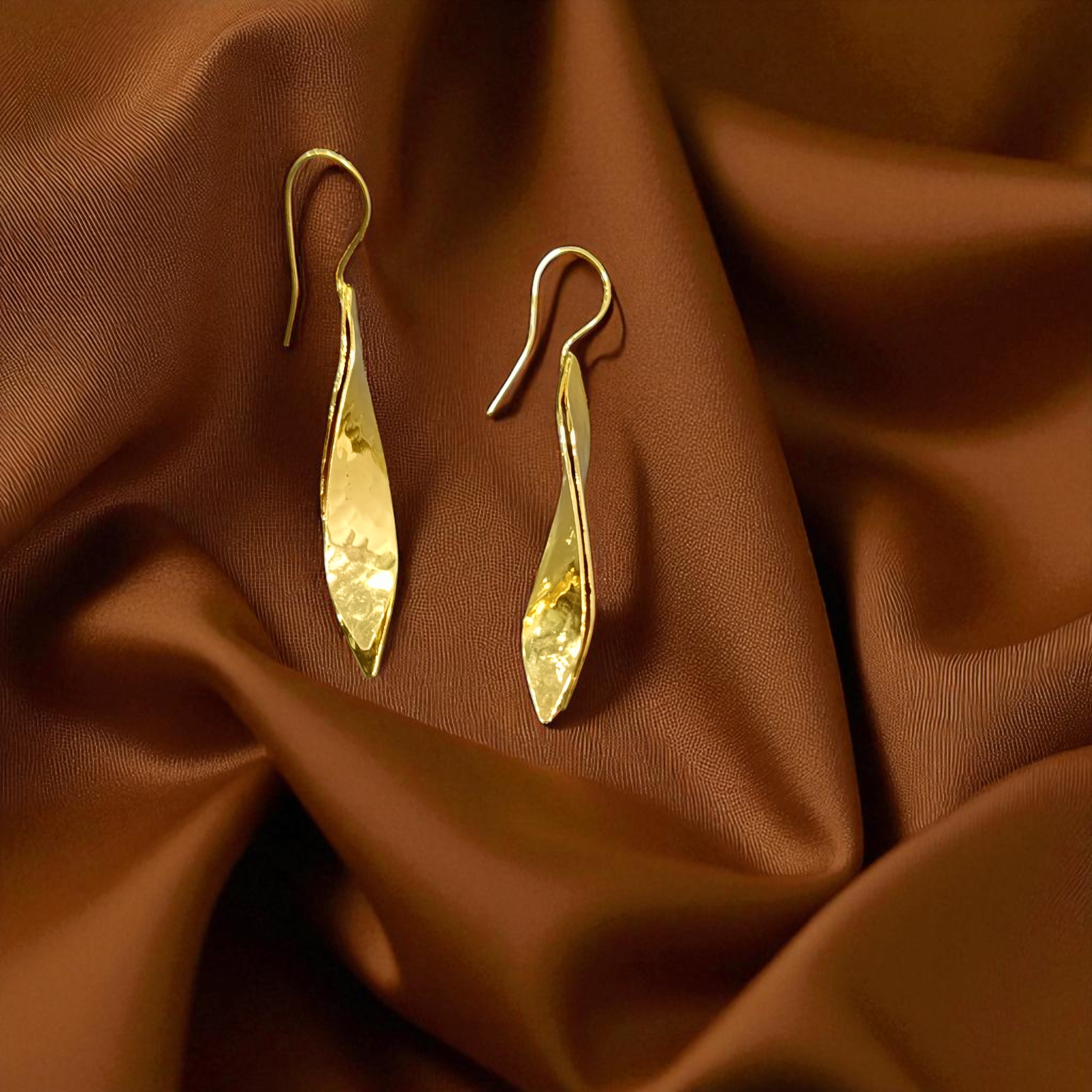 Luminous Curve Golden Hammered Brass Drop Earrings