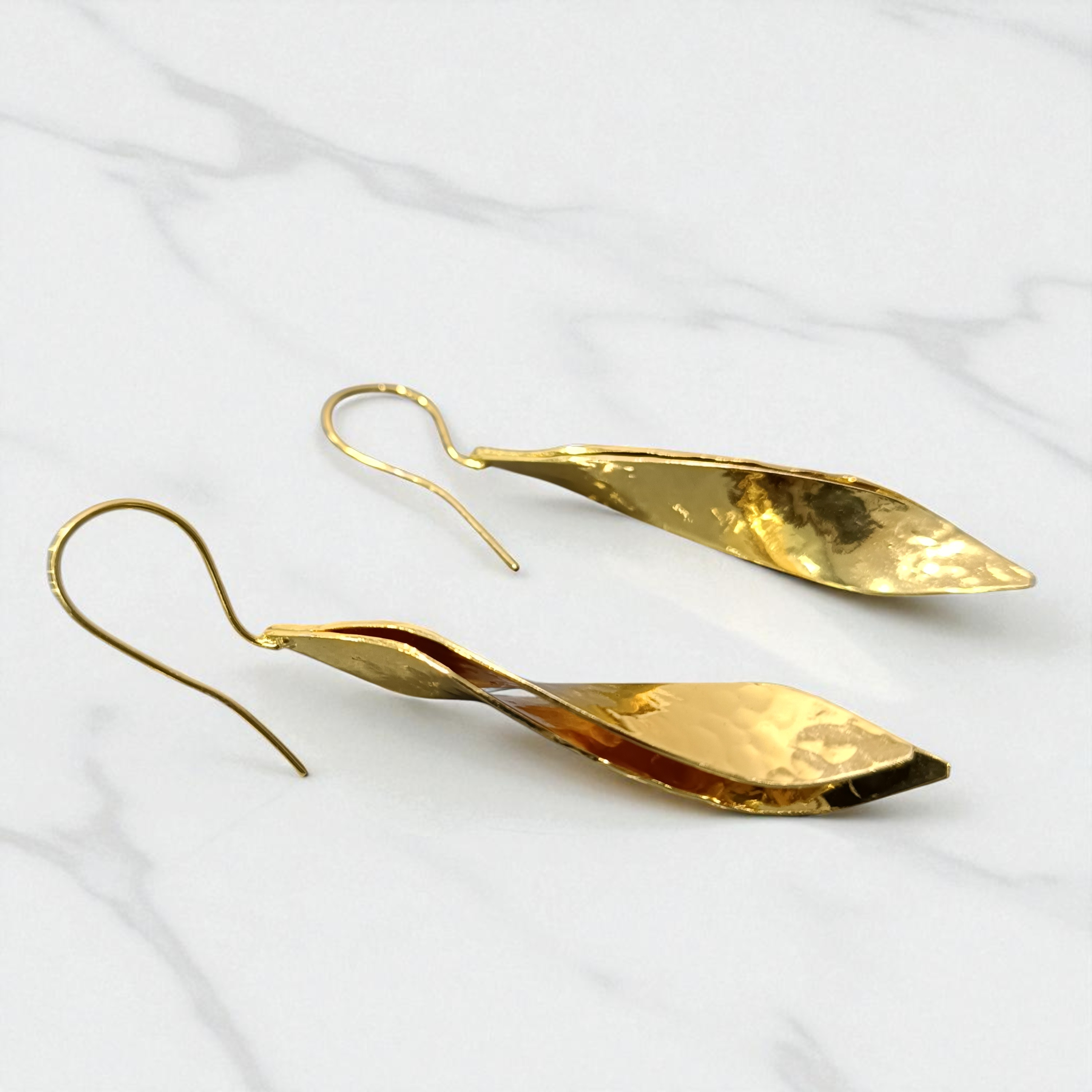 Luminous Curve Golden Hammered Brass Drop Earrings - Image 3
