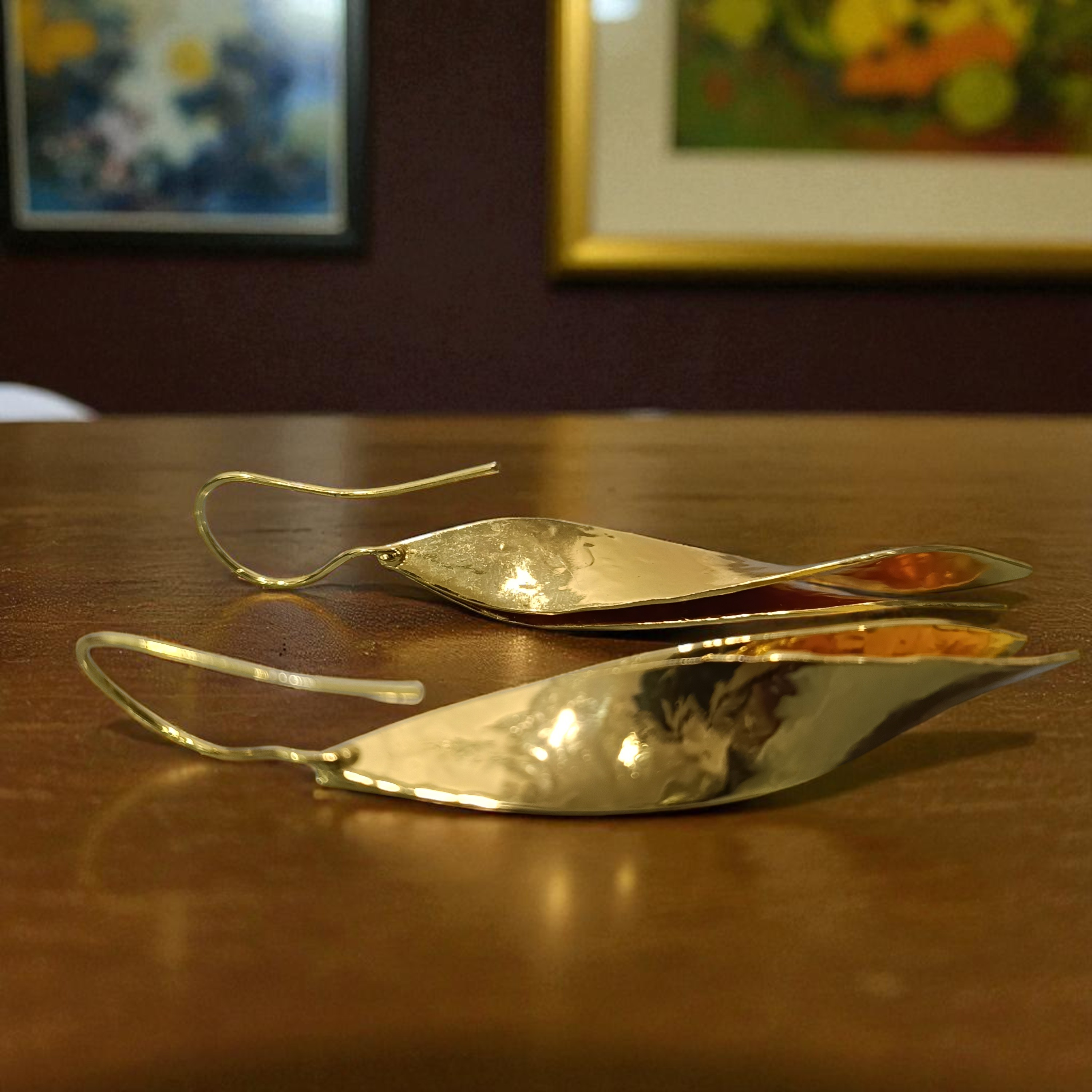 Luminous Curve Golden Hammered Brass Drop Earrings - Image 4