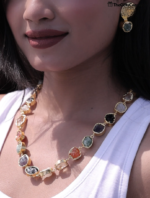 Golden Gemstone Mosaic Necklace – Multicolor Artisan-Cut Brass Jewelry