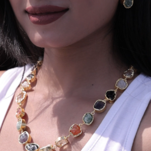 Golden Raw Gemstone Mosaic Necklace – Multicolor Artisan-Cut Brass Statement Jewelry