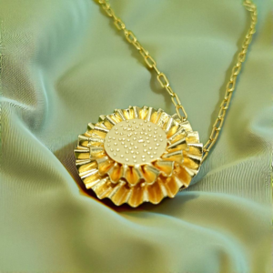 Golden Sunburst Bloom Pendant Necklace – Textured Gold-Tone Pendant on Chain