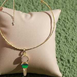 Golden Tranquility – Brass Choker with Rose Quartz, Emerald Green, and Pearl Accents