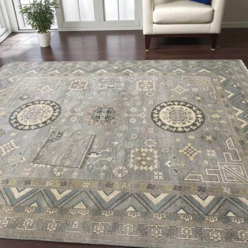 Vintage Oushak Hand Knotted Wool Rug, 8x10 / 9x12 Turkish Area Carpet, Neutral Gray Beige Boho Decor,Traditional Oriental Rug