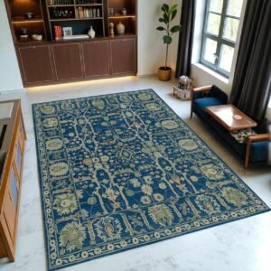 Royal Blue Handwoven Traditional Floral Wool Rug, Oriental Style Area Rug 8x10, Persian Inspired Carpet, Living Room & Bedroom Wool Rug