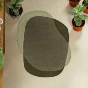 Modern Irregular Shape Green & Beige Wool Rug, Abstract Hand Tufted Area Carpet