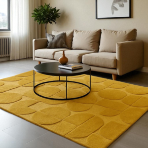 Mustard Yellow Geometric Hand Tufted Wool Rug, Modern Sculptural Area Carpet, Abstract Circle Pattern, Contemporary Living Room Décor