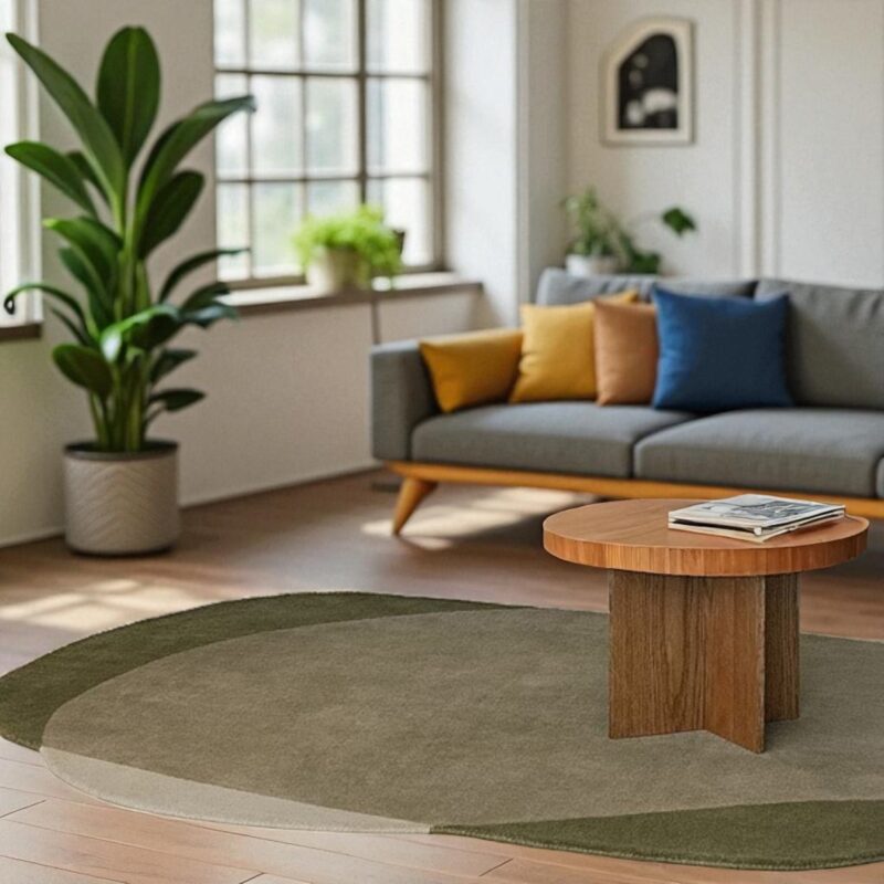 Modern Irregular Shape Green & Beige Wool Rug, Abstract Hand Tufted Area Carpet - Image 8