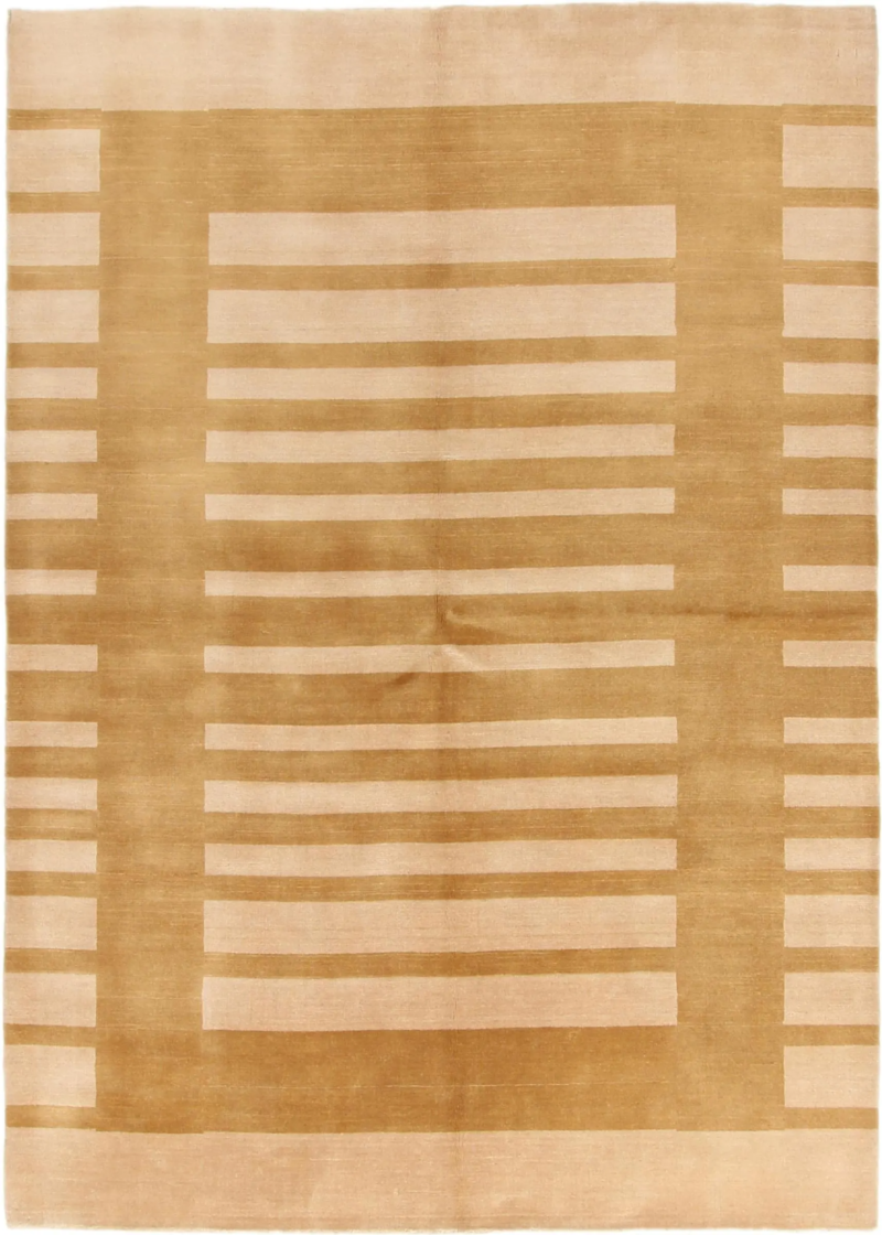 Modern Indian Hand Knotted Striped Gabbeh Wool Rug, Minimalist Beige & Ochre Contemporary Living Room Décor Rug - Image 8
