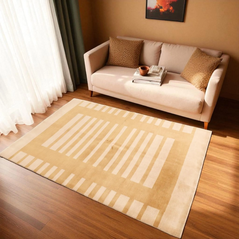 Modern Indian Hand Knotted Striped Gabbeh Wool Rug, Minimalist Beige & Ochre Contemporary Living Room Décor Rug - Image 7