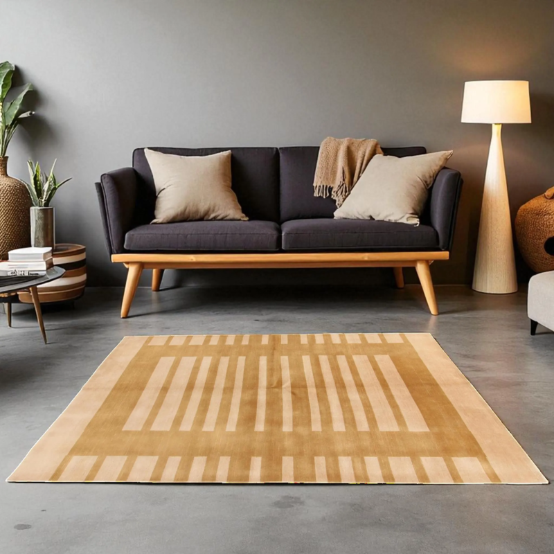 Modern Indian Hand Knotted Striped Gabbeh Wool Rug, Minimalist Beige & Ochre Contemporary Living Room Décor Rug - Image 4