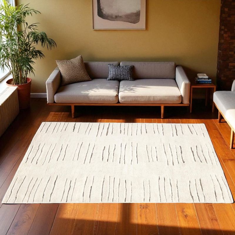 Modern Berber Beni Ourain Style Hand Knotted Wool Rug | Minimalist Abstract Line Pattern Carpet | Ivory Scandinavian Living Room Area Rug - Image 8