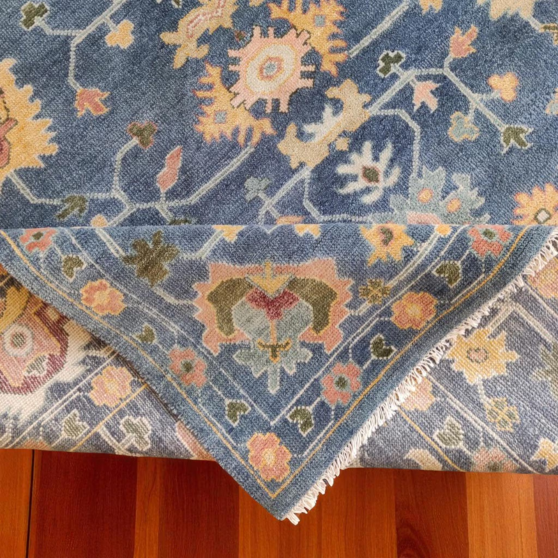Hand Knotted Traditional Anatolian Turkish Wool Rug, 8x10 Blue Oushak Floral Design Area Rug for Living Room Décor - Image 8