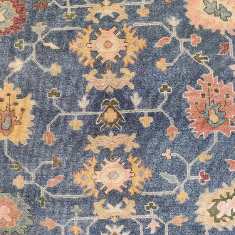 Hand Knotted Traditional Anatolian Turkish Wool Rug, 8x10 Blue Oushak Floral Design Area Rug for Living Room Décor - Image 7