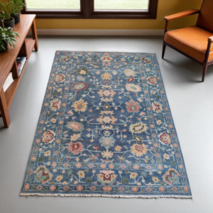 Hand Knotted Traditional Anatolian Turkish Wool Rug, 8x10 Blue Oushak Floral Design Area Rug for Living Room Décor