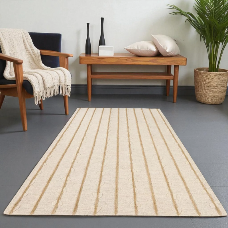 Hand Tufted Botanical Vine Inspired Vertical Striped Wool Rug, 8x10 Soft Beige Wool Area Rug, Modern Rug For Living Room Décor - Image 8
